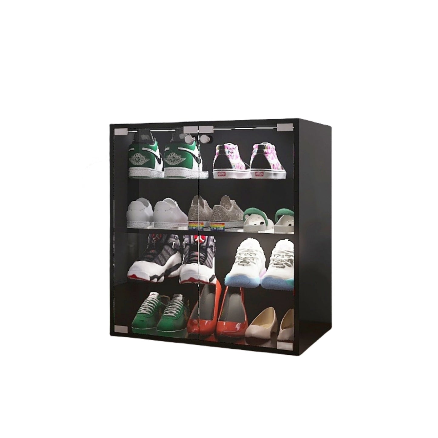 4-Layer Black Shoe Cabinet With Glass Door, LED Light Display Inkedjoy
