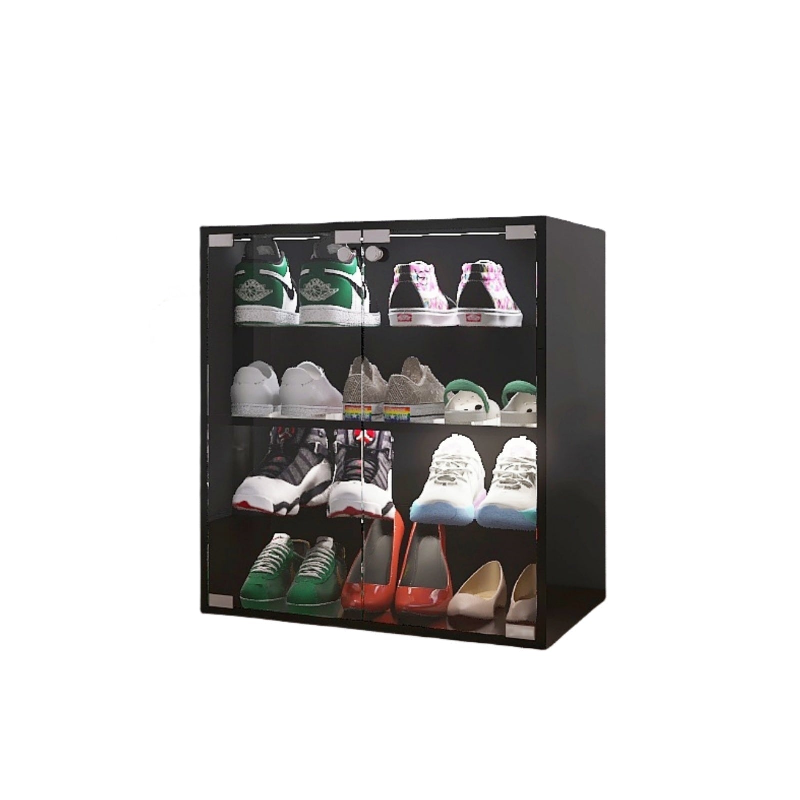 4-Layer Black Shoe Cabinet With Glass Door, LED Light Display Inkedjoy