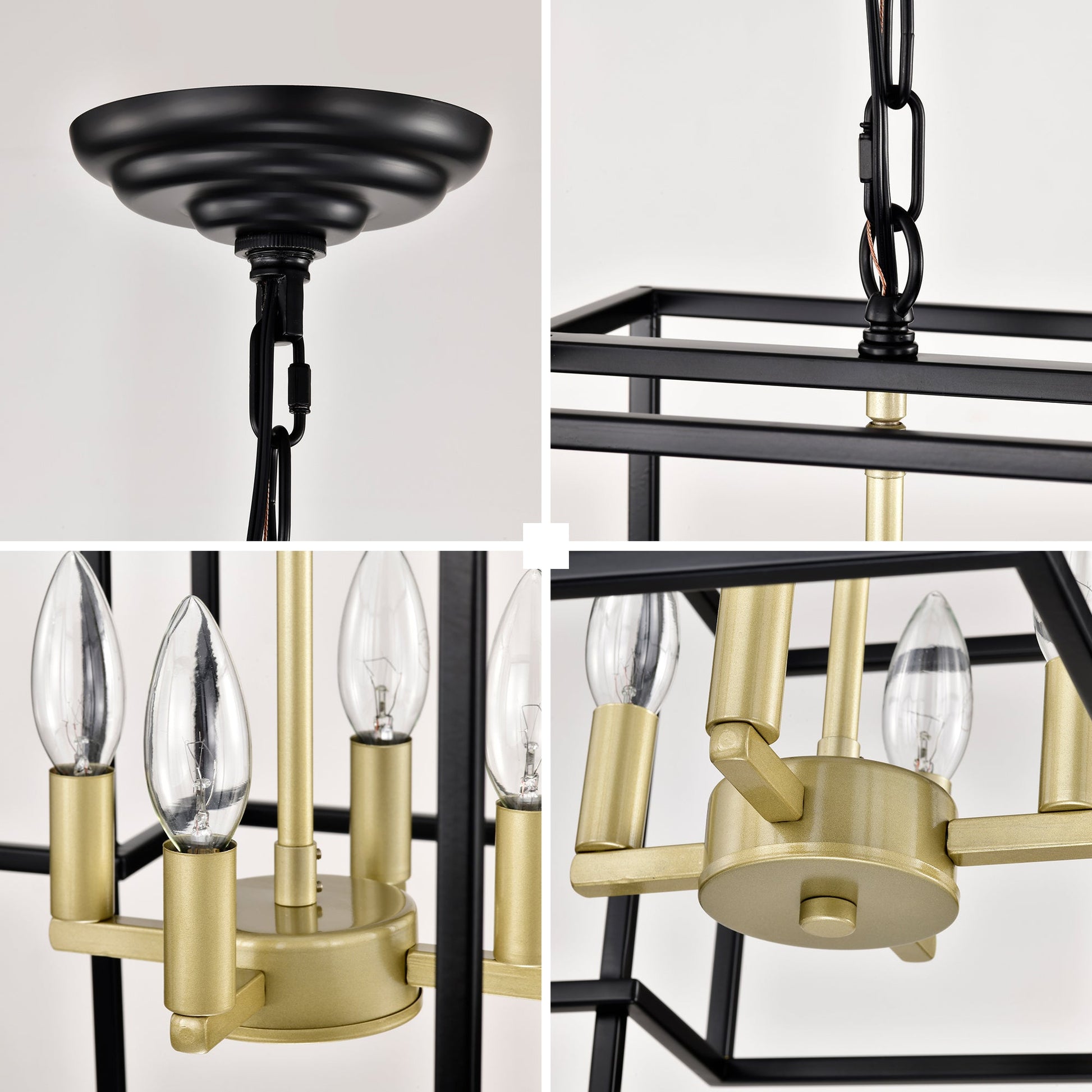 4-Light Metal Lantern Tiered Pendant Hanging Light Fixtures -Matte Black & Gold Inkedjoy