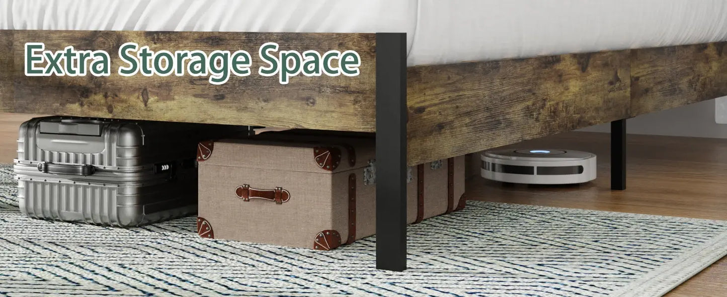 Queen Size Bed Frame With Upholstered Headboard Bed Frame With Charging Station And LED Lights, Wood Slats Brown My Store