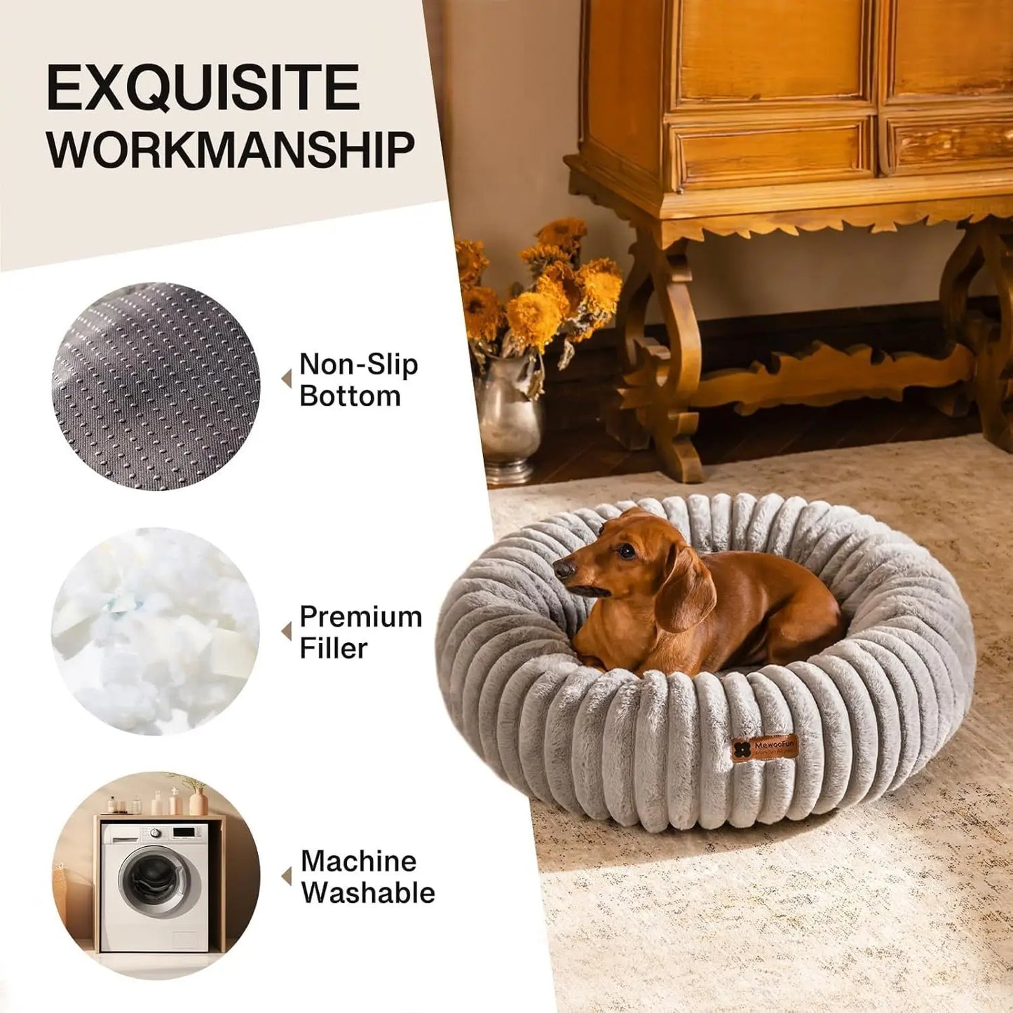 Donut Pet Bed - Washable Round Pet Bed For Indoor Fluffy Non-Slip Calming Bed -Grey My Store