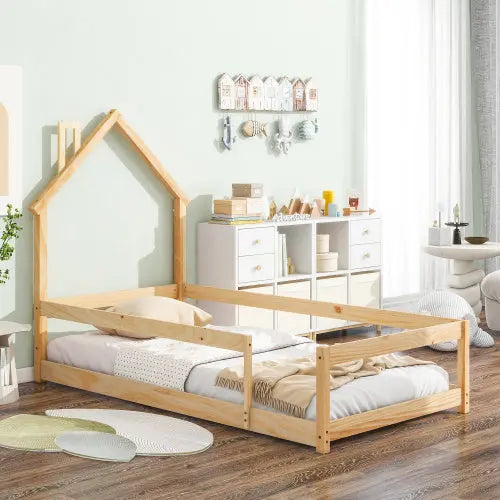 Twin Size Wood Bed With House-shaped Headboard Floor Bed With Fences,Natural My Store