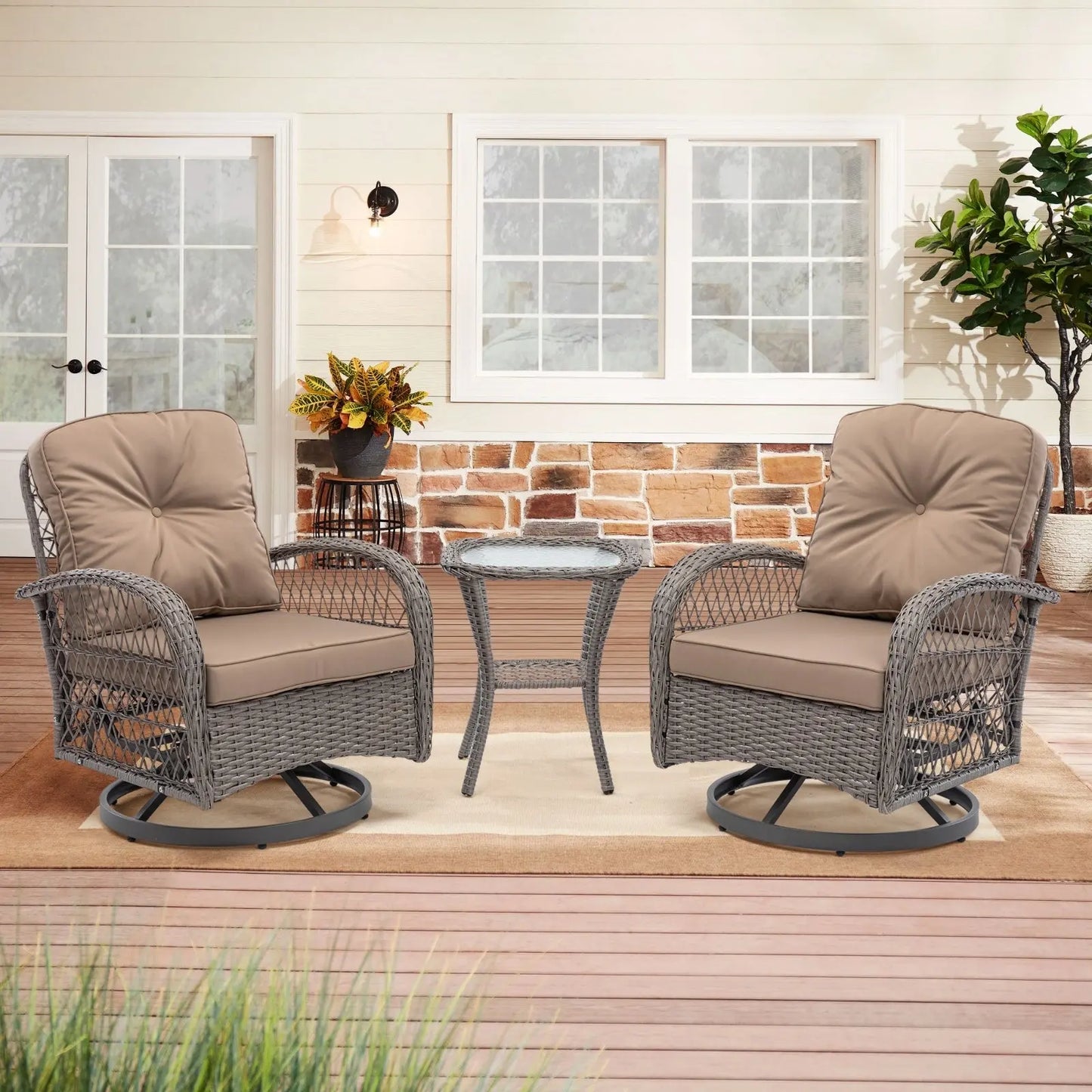 3pc Outdoor Swivel Rocker Chairs, 360 Rocking Patio Set With Thick Cushions My Store