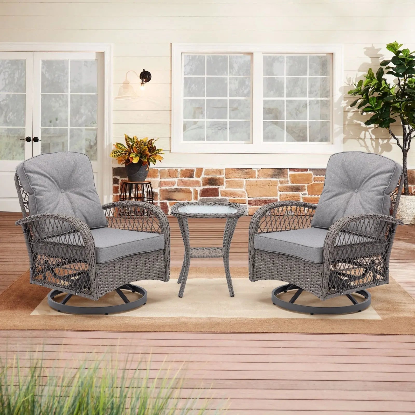 3pc Outdoor Swivel Rocker Patio Chairs 360  Rocking Set With Thick Cushions My Store