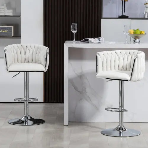 360 Fabric Cover Swivel Bar Stools Set Of 2, Adjustable Counter Height Bar Chairs With Woven Back & Footrest, Silver Chromed Bar Stools For Kitchen Island, Cafe, Pub My Store
