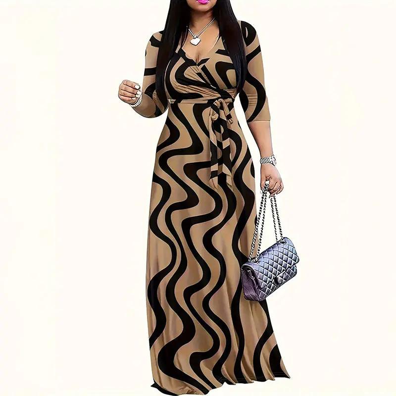 Women's Summer Geometric Print Maxi Dresses Casual 3 4 Sleeve V-Neck Tie Waist Long Dress Inkedjoy