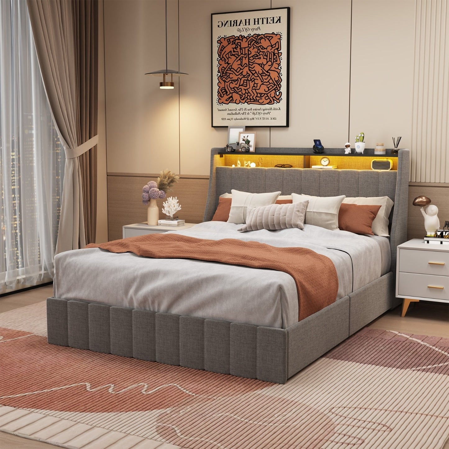 Queen Size Bed Frame With LED, Storage Drawers, Wings Headboard My Store