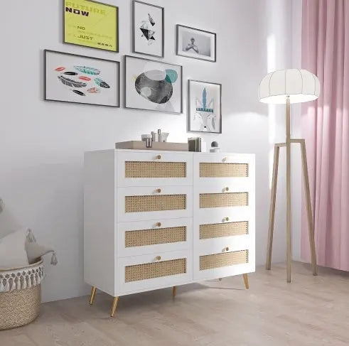 White Color 8 Drawers Chest With Rattan Drawer Face Golden Legs And Handles My Store