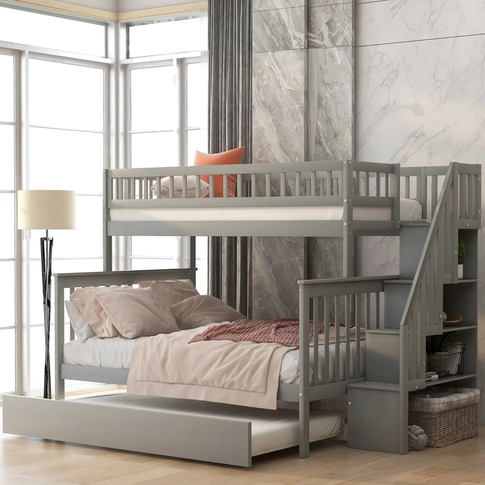 Twin Over Full Bunk Bed With Trundle And Staircase,Gray My Store