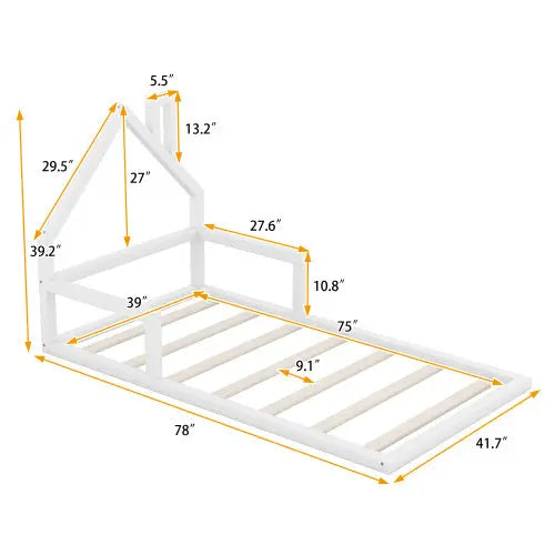 Twin Size Wood Floor Bed With House-shaped Headboard My Store