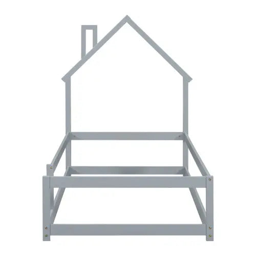 Twin Size Wood Bed With House-shaped Headboard Floor Bed With Fences,Grey My Store