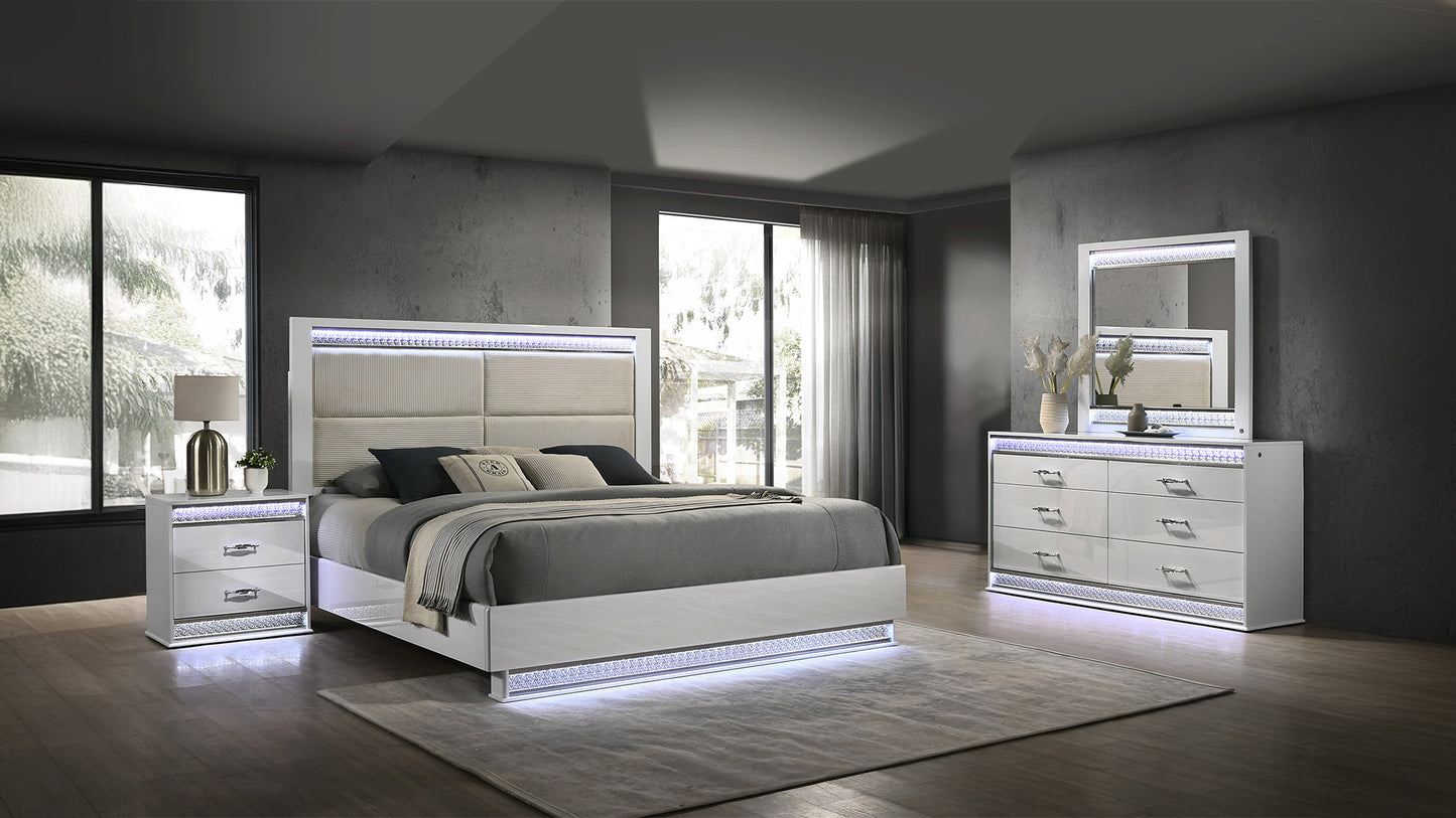 Modern style 4-piece set of queen size bed bedroom with white wooden LED headboard and bedside table - Ohberri
