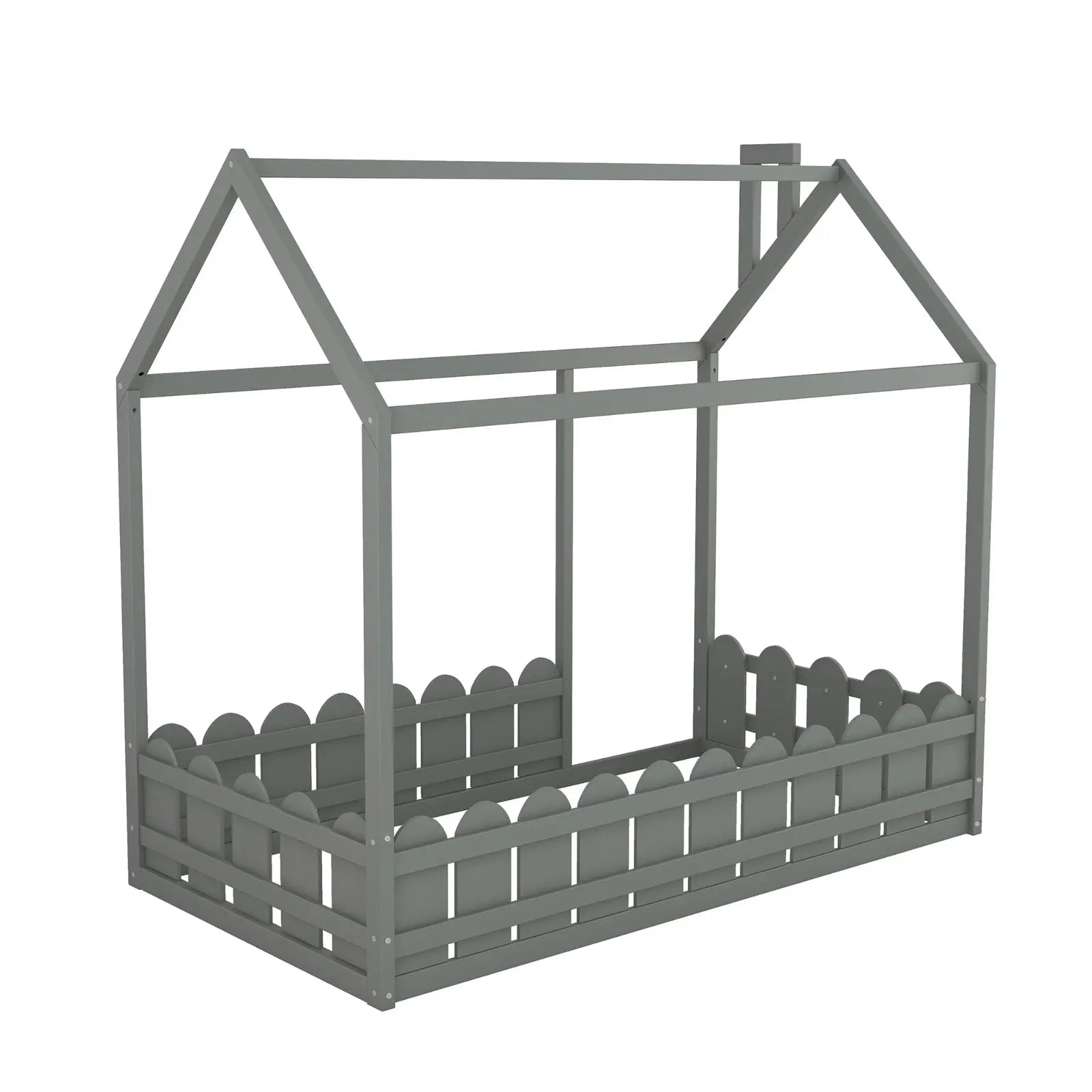 Twin Size Wood House Bed Frame With Fence For Kids, Teens - No Slats My Store