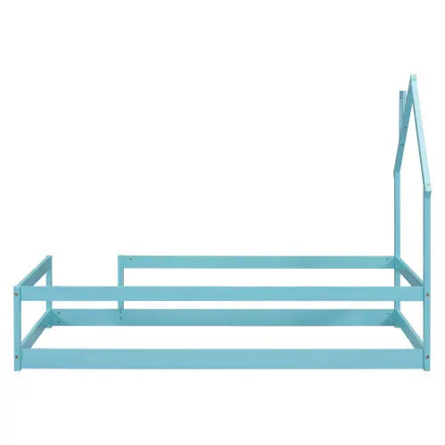 Twin Size Wood Bed With House-shaped Headboard Floor Bed With Fences,Light Blue My Store