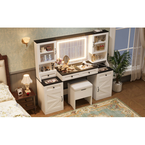 Farmhouse Vanity Desk With Mirror And LED Lights With 5 Drawers And 4 Cabinets And Cushion Stool Inkedjoy