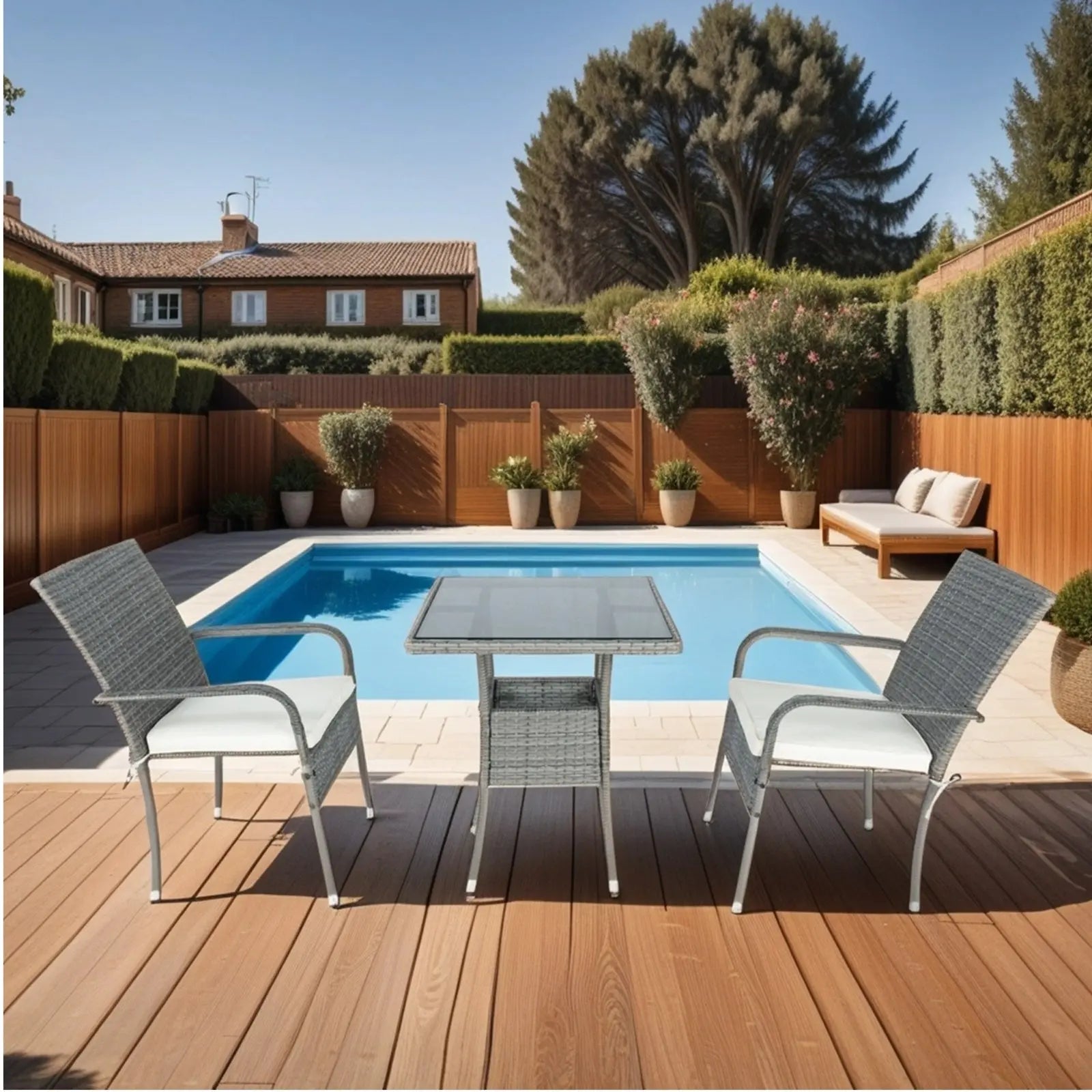 3 Piece Patio Wicker Conversation Set Grey Wicker  White Cushion My Store