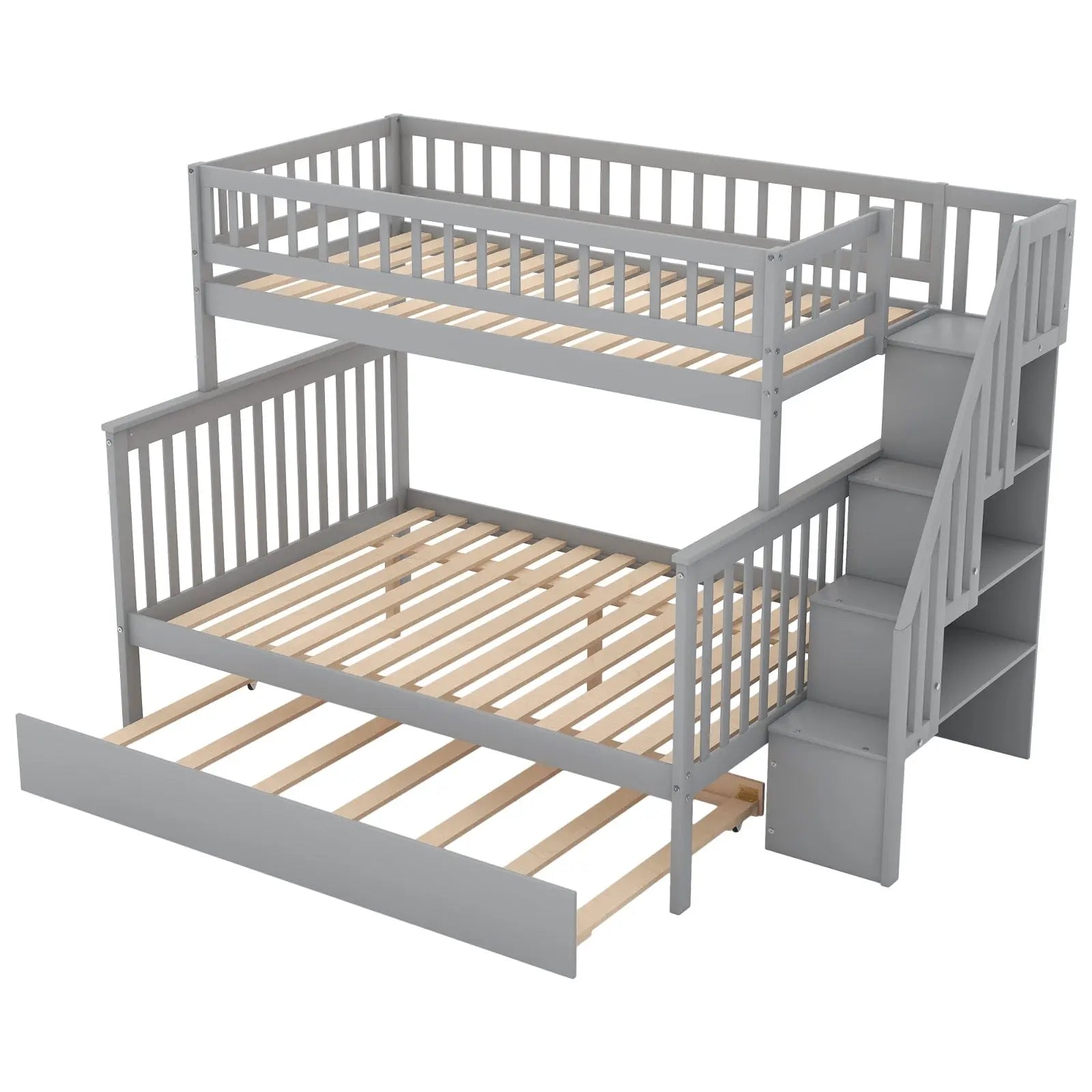 Twin Over Full Bunk Bed With Trundle And Staircase,Gray My Store