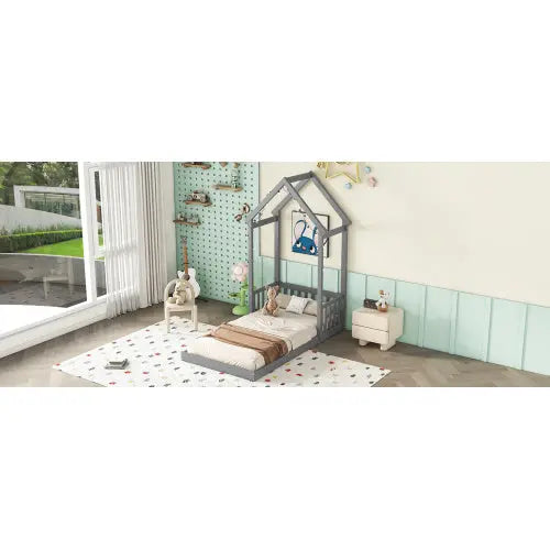 Twin House-shaped Roof Headboard Floor Bed,,without Slats,Grey My Store