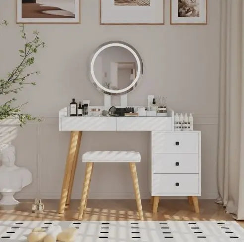 Dressing Table With LED Lights Glass Top 5 Drawers My Store