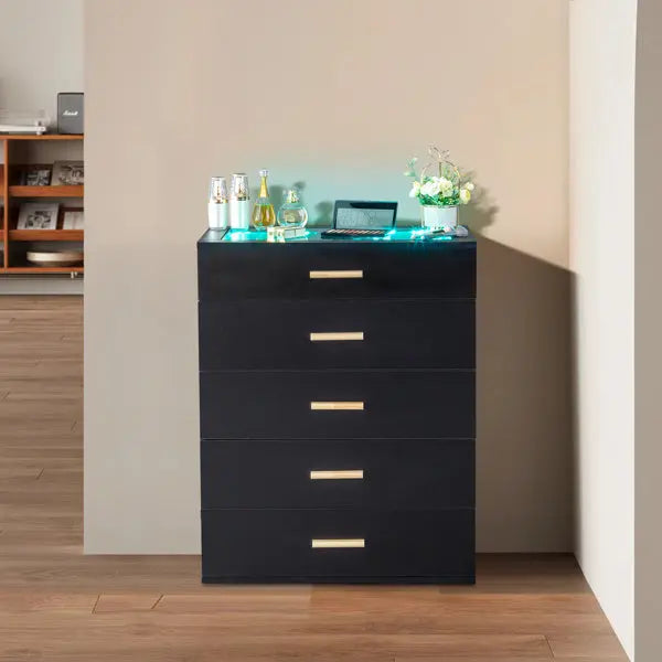 5-drawer Cabinet With Light Tempered Glass Cabinet And Bedside Table My Store
