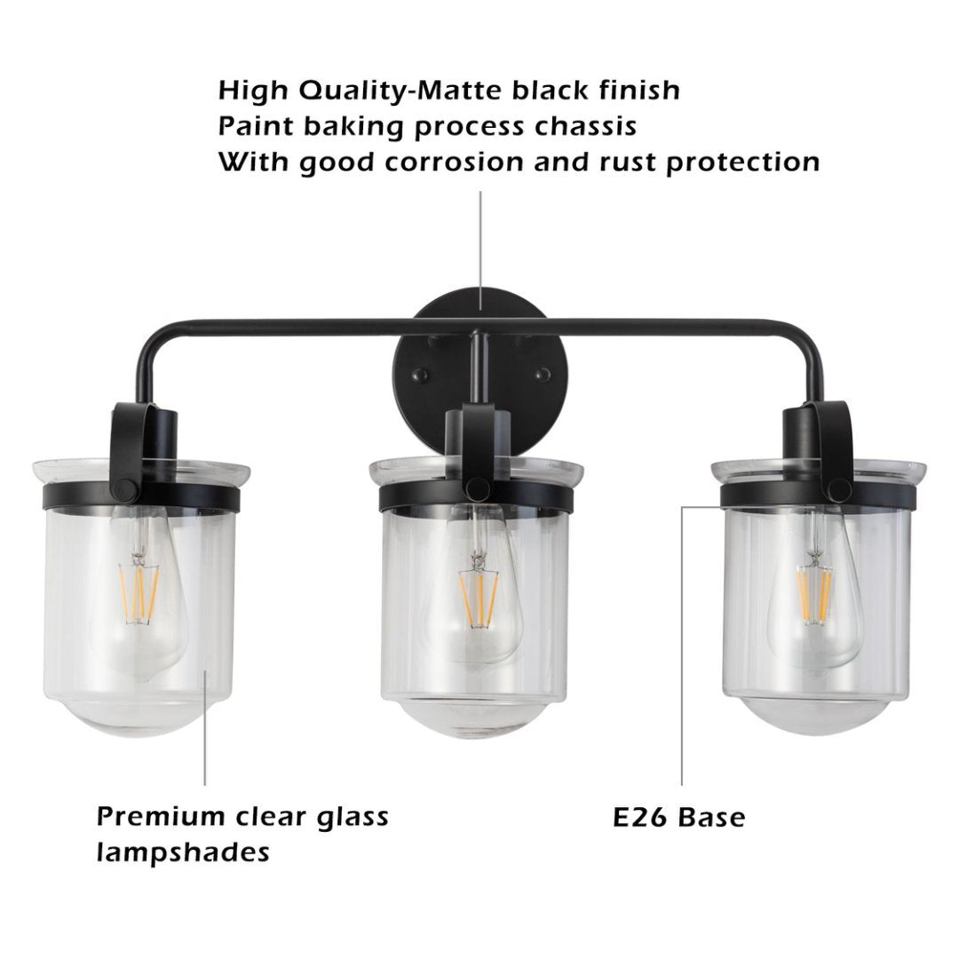 3-Light With Clear Glass Shade,Modern Sconce- Black My Store