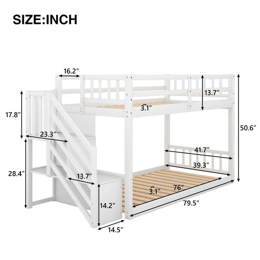 Twin Over Twin Floor Bunk Bed, Ladder With Storage, White My Store