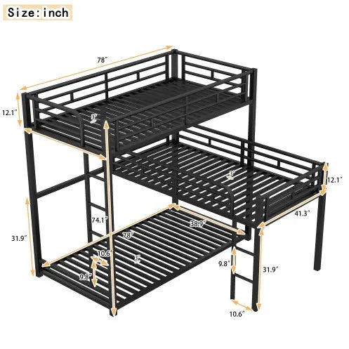 L-shaped Metal Triple Twin Size Bunk Bed, Black My Store