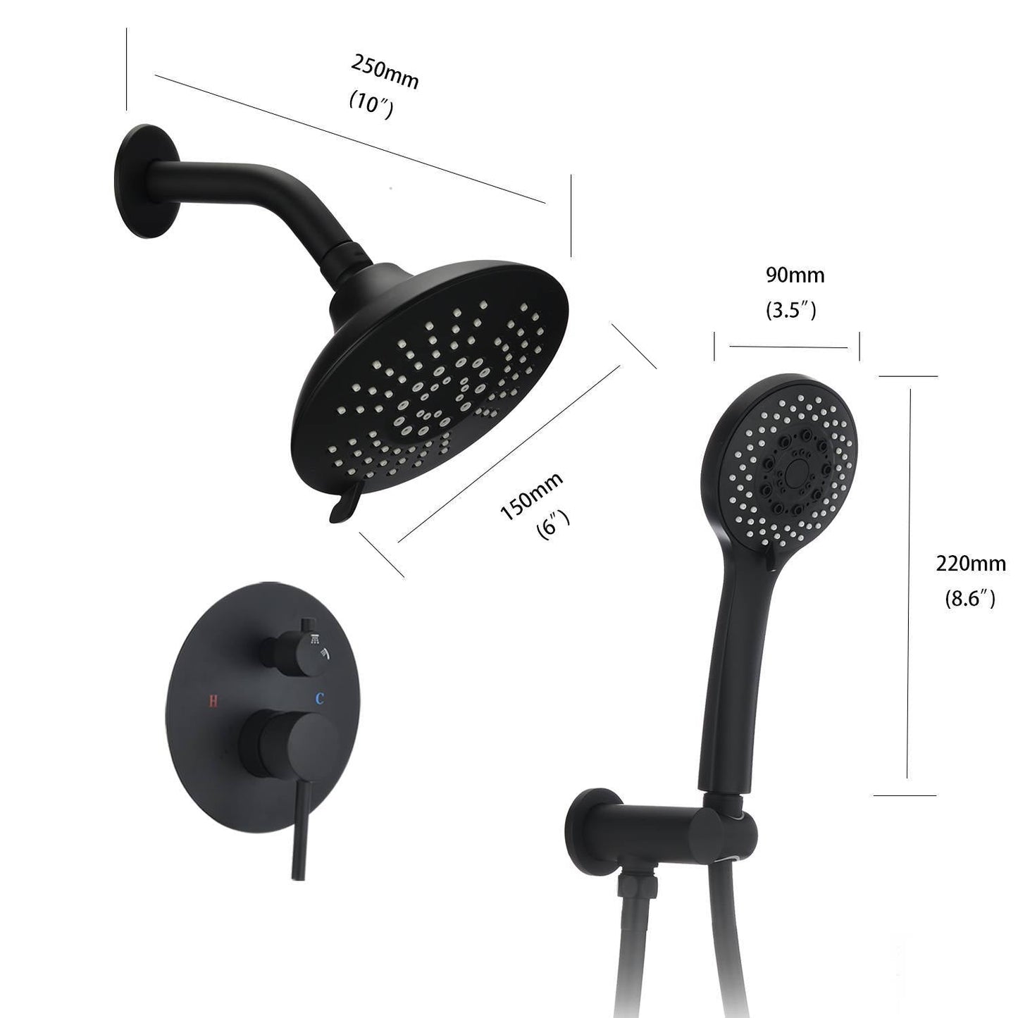 Round Shower System Wall Mounted Rain Mixer Combo Set Inkedjoy