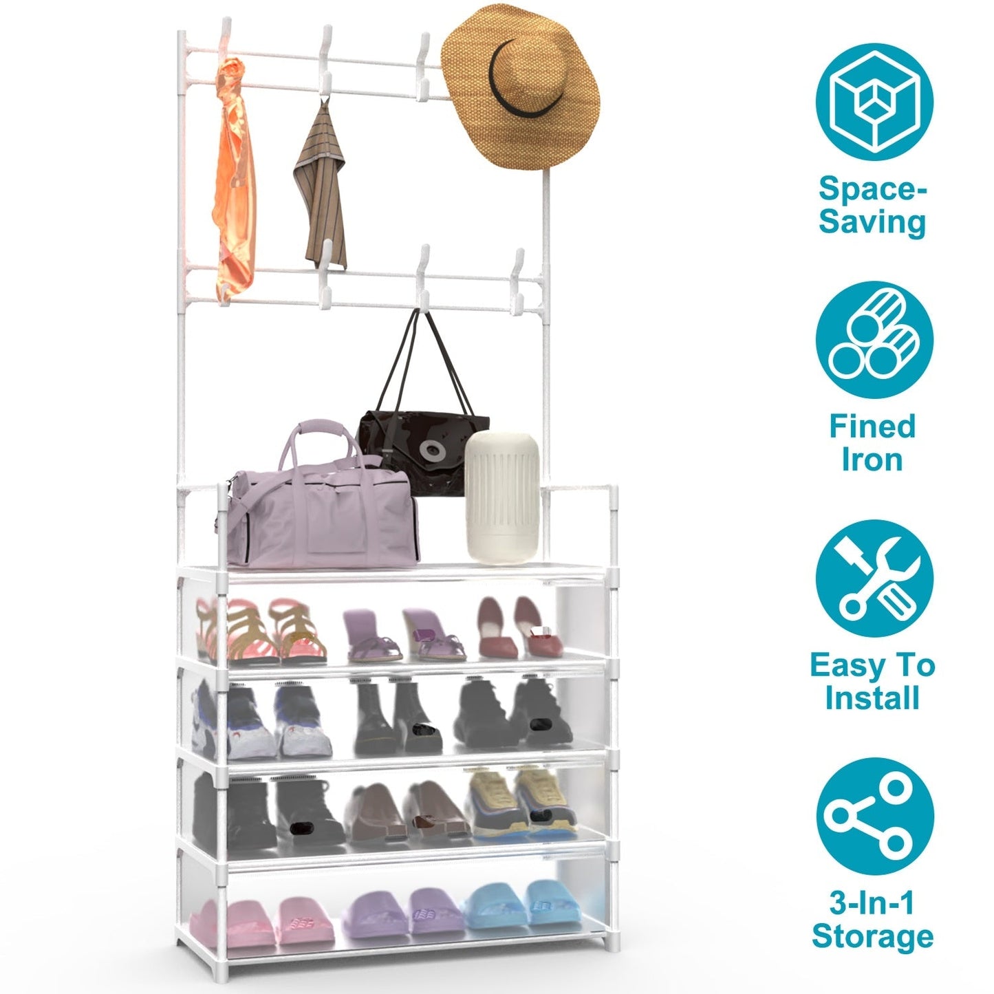 5 Tier Shoe Rack With Coat Rack - White Inkedjoy