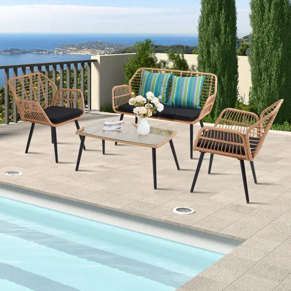 Yellow Round Rattan, Black Seat Cushion, Braided Rattan Four-piece Set My Store