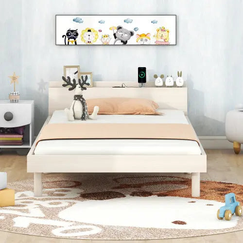 Modern Design Twin Size Platform Bed Frame With Built-in USB For White Washed Color My Store
