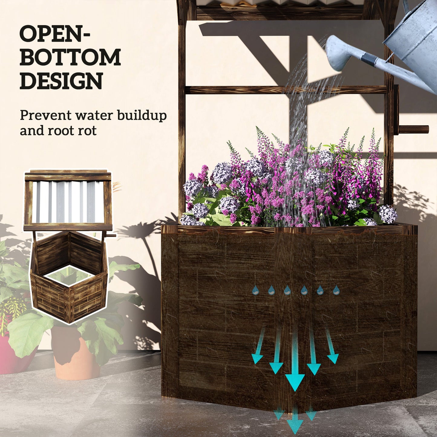 Wooden Wishing Well Planter, Raised Garden Bed With Galvanized Canopy-Tan Inkedjoy