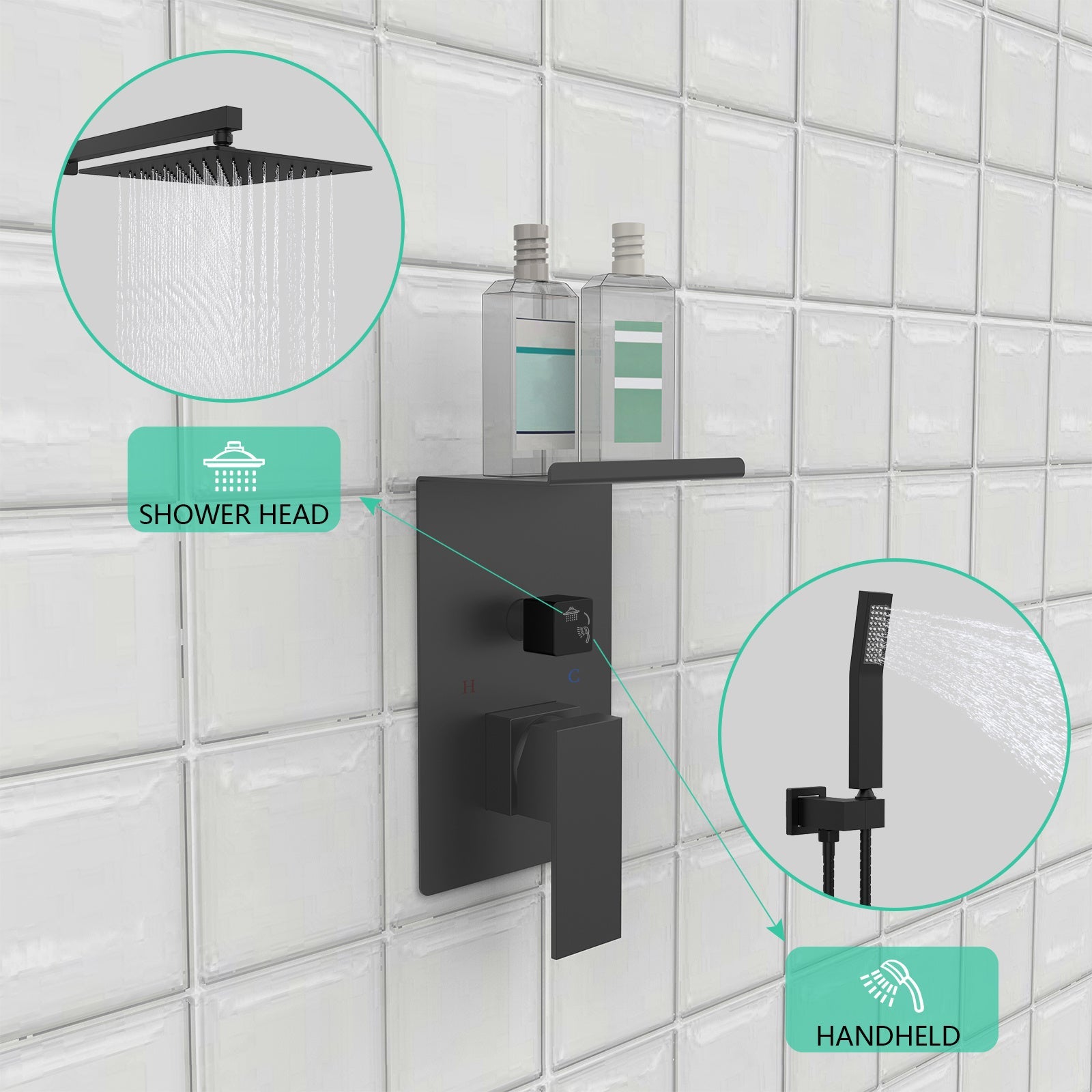 Rainfall Shower System With Storage Rack 10 Inch Shower Faucet Set Matte Black With High Pressure Inkedjoy