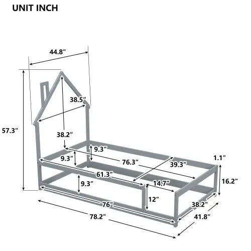 Twin Size Wood Bed With House-shaped Headboard Floor Bed With Fences,Grey My Store