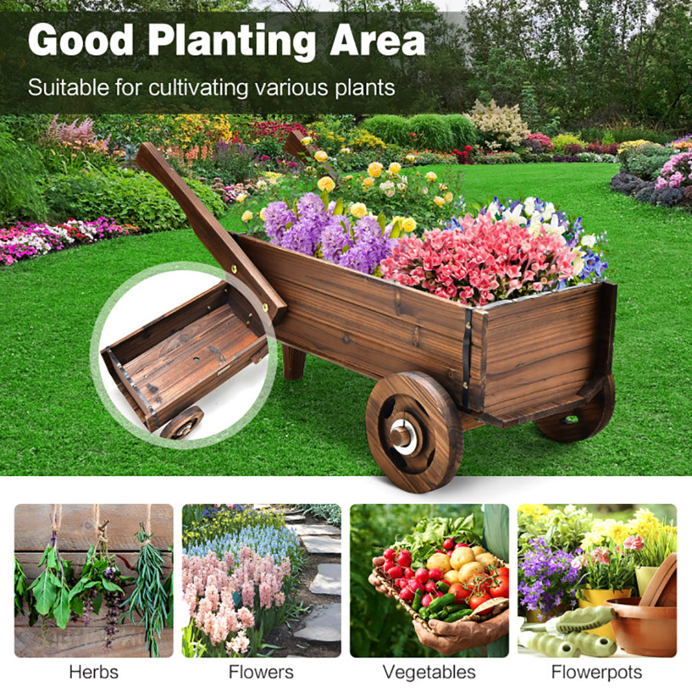 Wooden Wagon Planter Box With Wheels Handles And Drainage Hole My Store