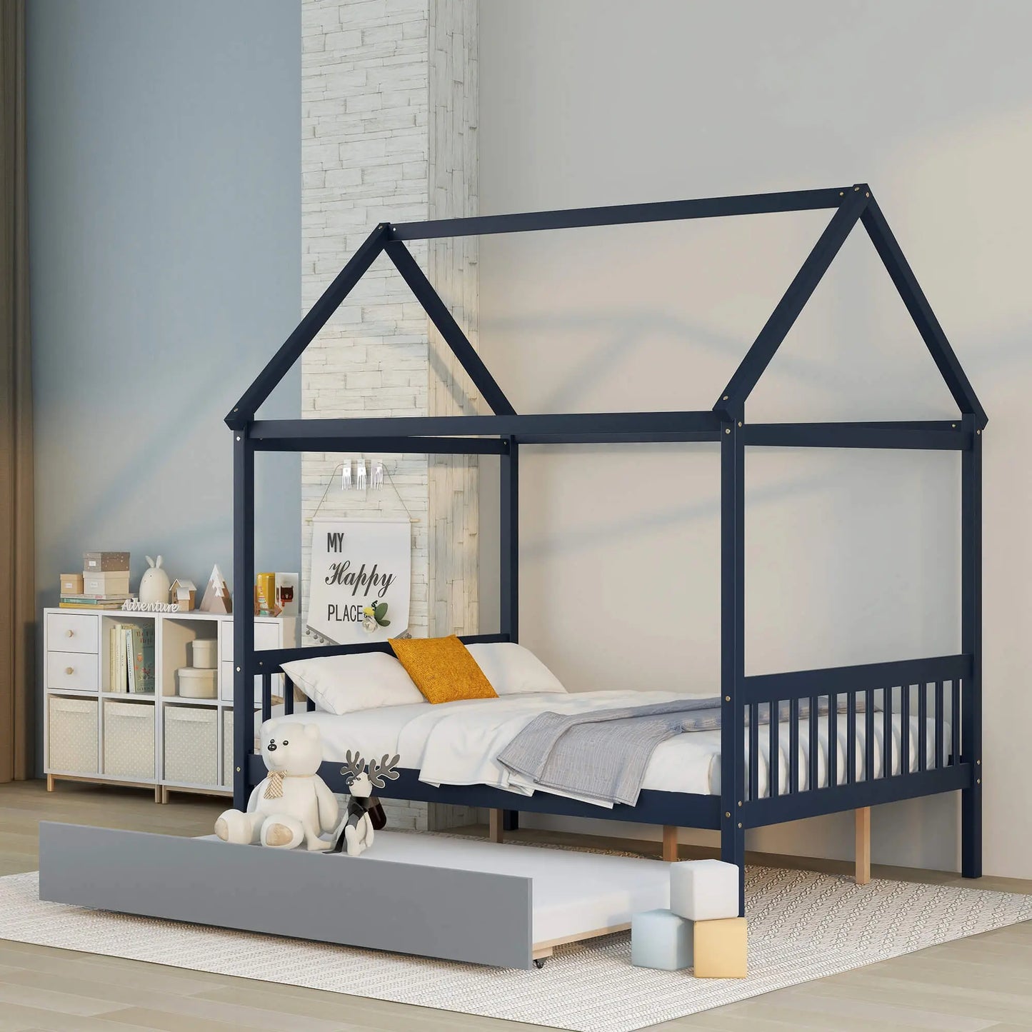 NAVY BLUE HOUSE FULL BED WITH TRUNDLE OF GREY COLOR My Store