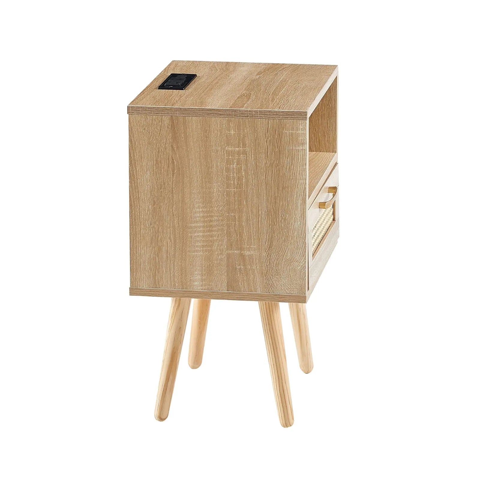 15.75  Rattan End Table With Power Outlet, USB Ports, Drawer   Solid Wood My Store