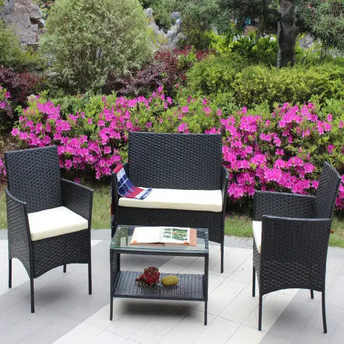 4 PC Rattan Patio Furniture Set Outdoor Patio Cushioned Seat Wicker Sofa Beige Cushion My Store