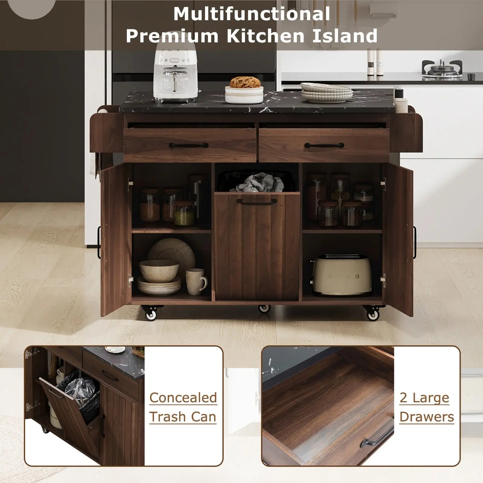 K&K Kitchen Island With Trash Can Storage Cabinet, Kitchen Cart With Drop Leaf, Spice Rack, Towel Ra My Store