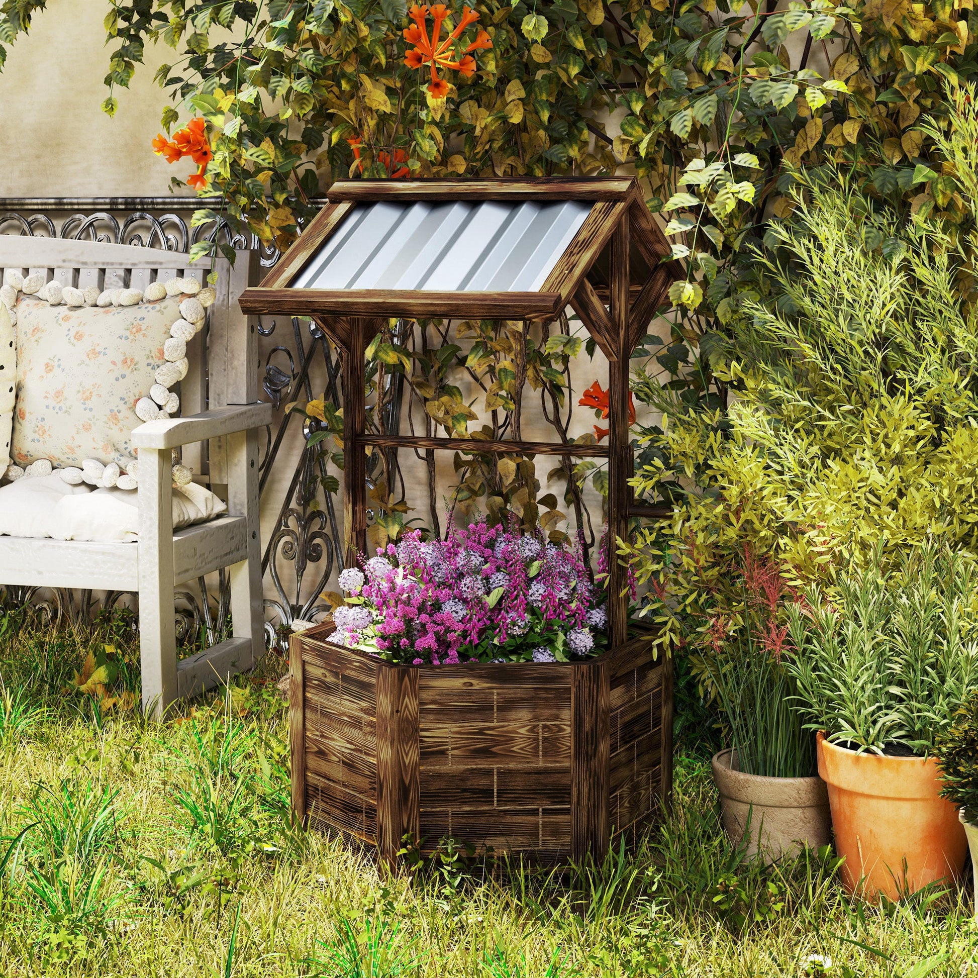 Wooden Wishing Well Planter, Raised Garden Bed With Galvanized Canopy-Tan Inkedjoy