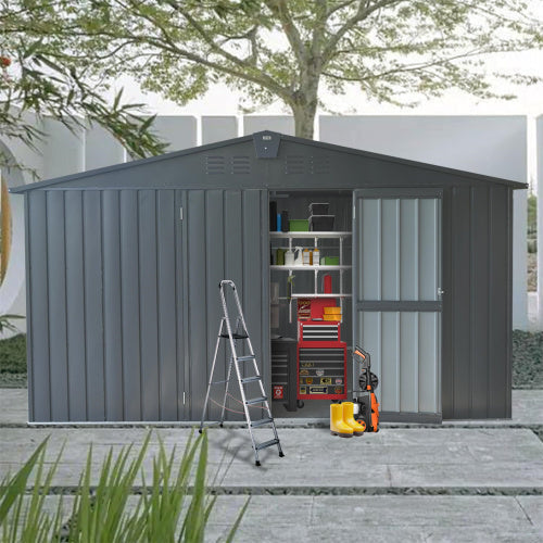 Storage Shed 11 X 12.5 With Galvanized Steel Frame  Windows -Gray Inkedjoy