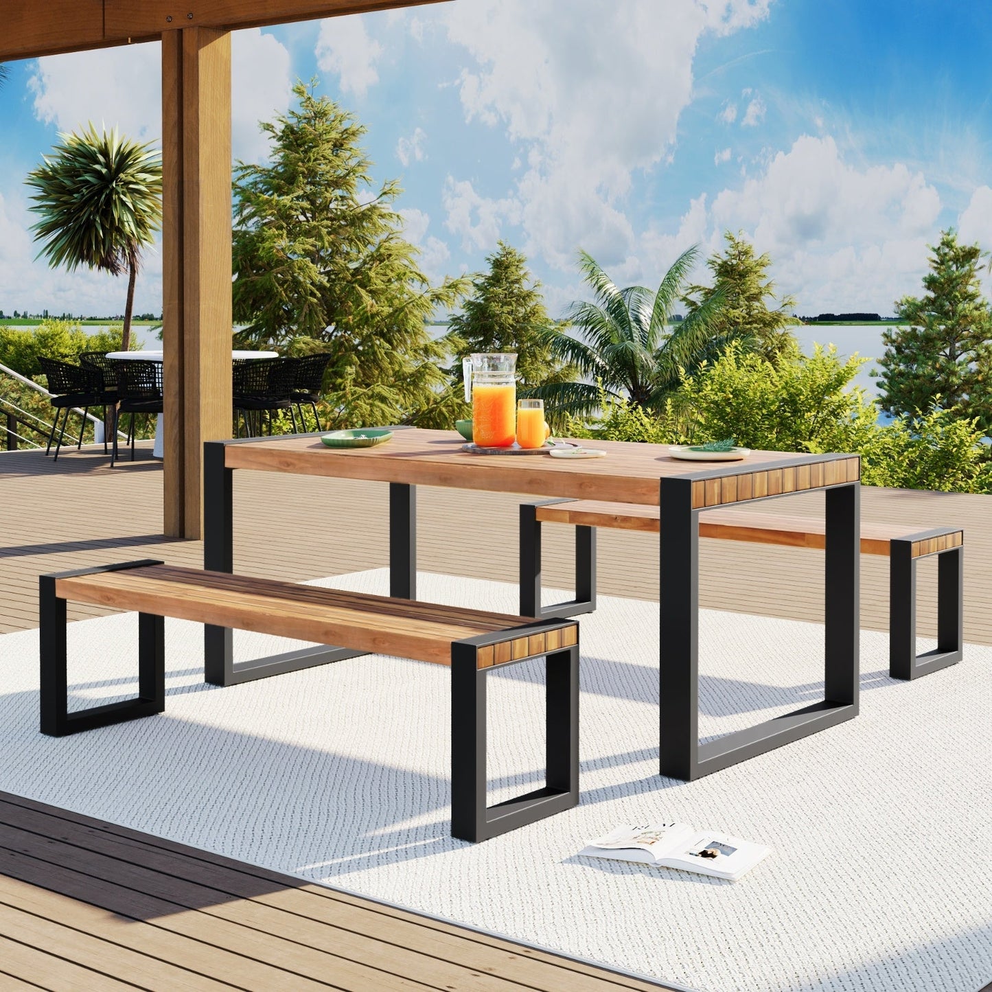 3-pieces Outdoor Dining Table With 2 Benches, Patio Dining Set With Unique Top Texture, Acacia Inkedjoy