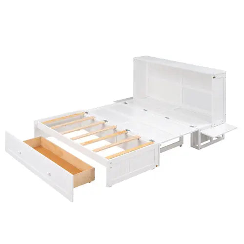 Queen Size Mobile Murphy Bed With Drawer And Little Shelves On Each Side,White My Store