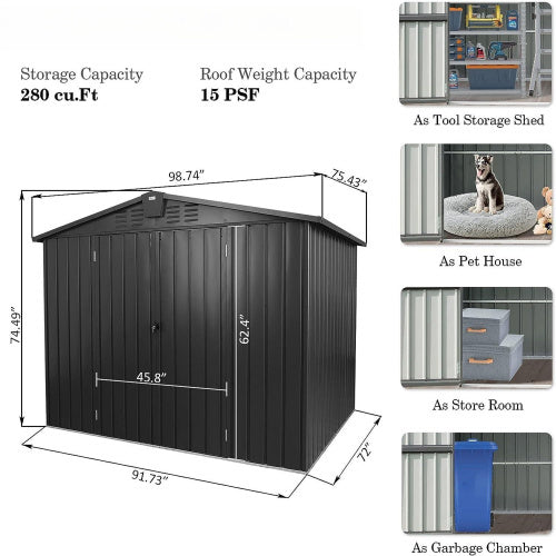 Outdoor Storage Shed 8.2'x 6.2', Metal Garden Shed - Dark Gray Inkedjoy