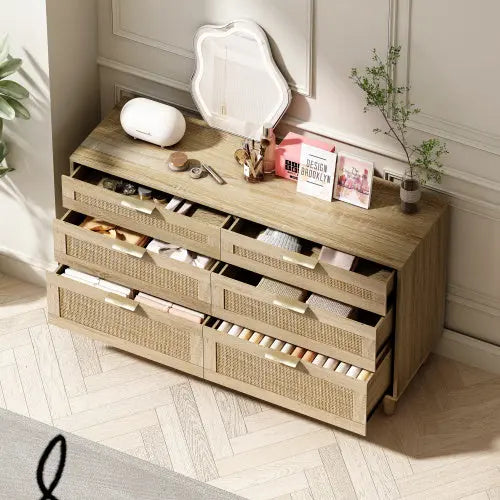 Rattan Dresser With Drawers, 6 Drawer Dresser -Natural My Store