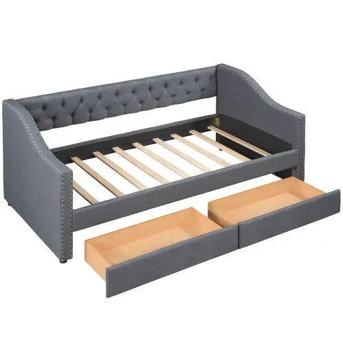 Upholstered Twin Size Daybed With Two Drawers, Wood Slat Support, Gray My Store