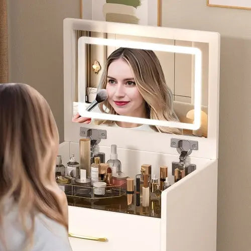 3 In 1 Vanity Desk With Open Top Mirror With Visible Glass Desktop And 3 Drawers My Store