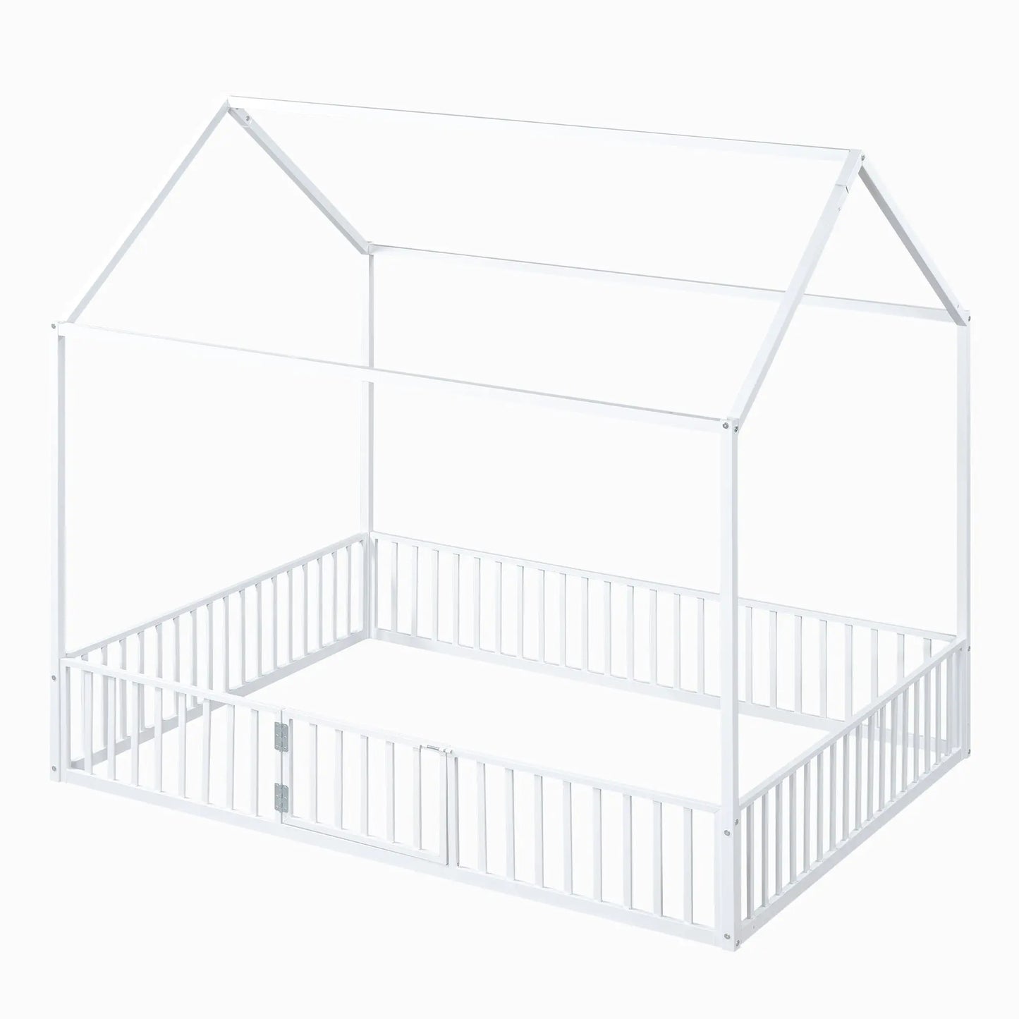 Full Size Metal House Bed With Fence And Door, White My Store