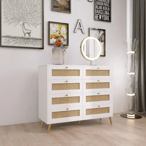 White Color 8 Drawers Chest With Rattan Drawer Face Golden Legs And Handles My Store