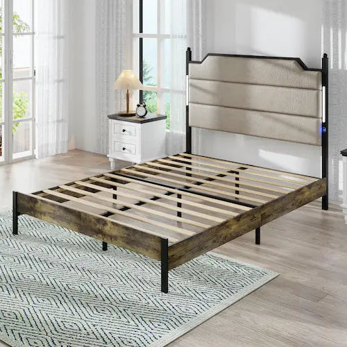 Queen Size Bed Frame With Upholstered Headboard Bed Frame With Charging Station And LED Lights, Wood Slats Brown My Store